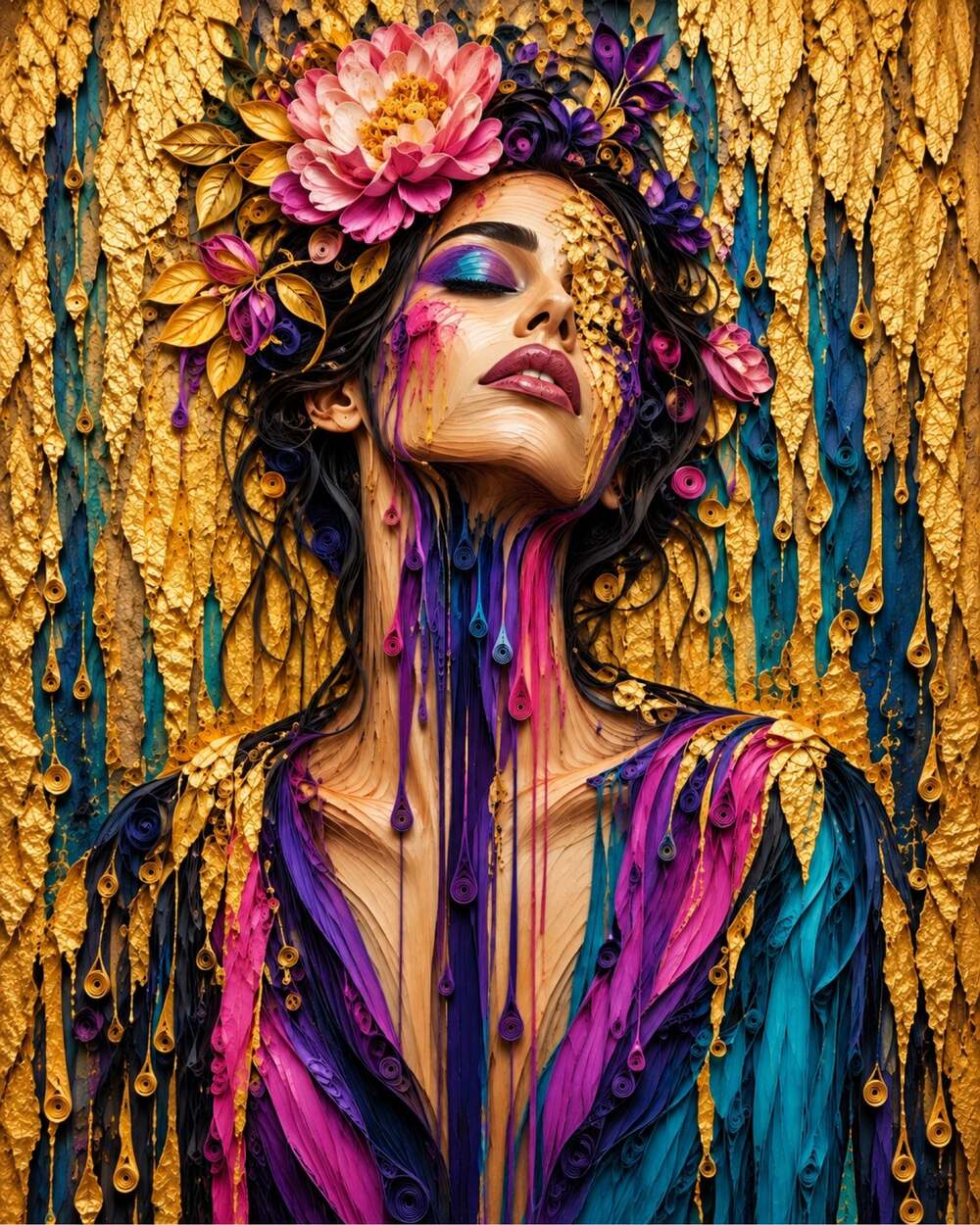 8x10 Black Framed Teal Purple & Gold Floral Woman Art Print